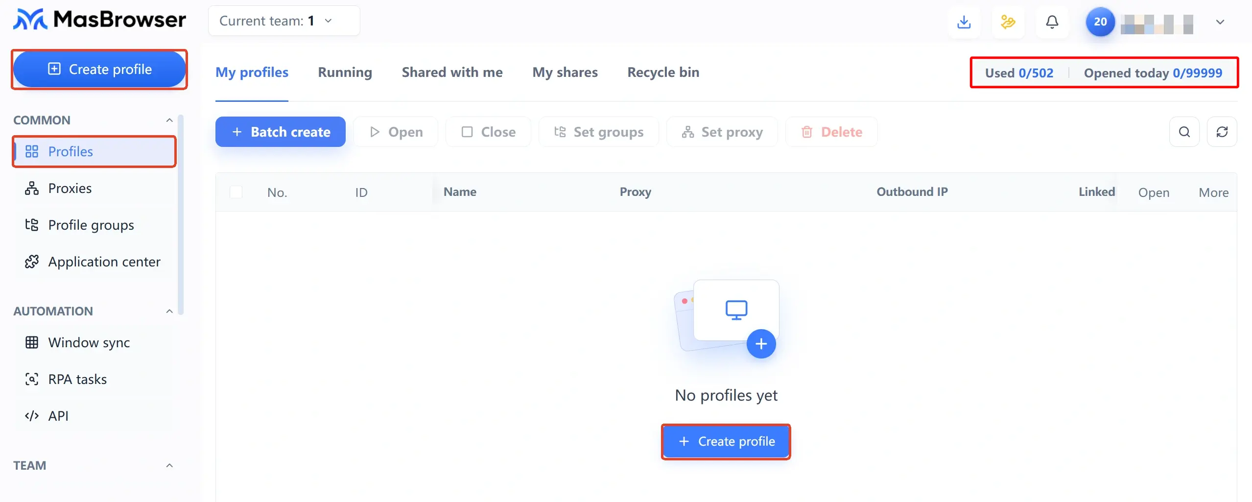 MasBrowser profile creation