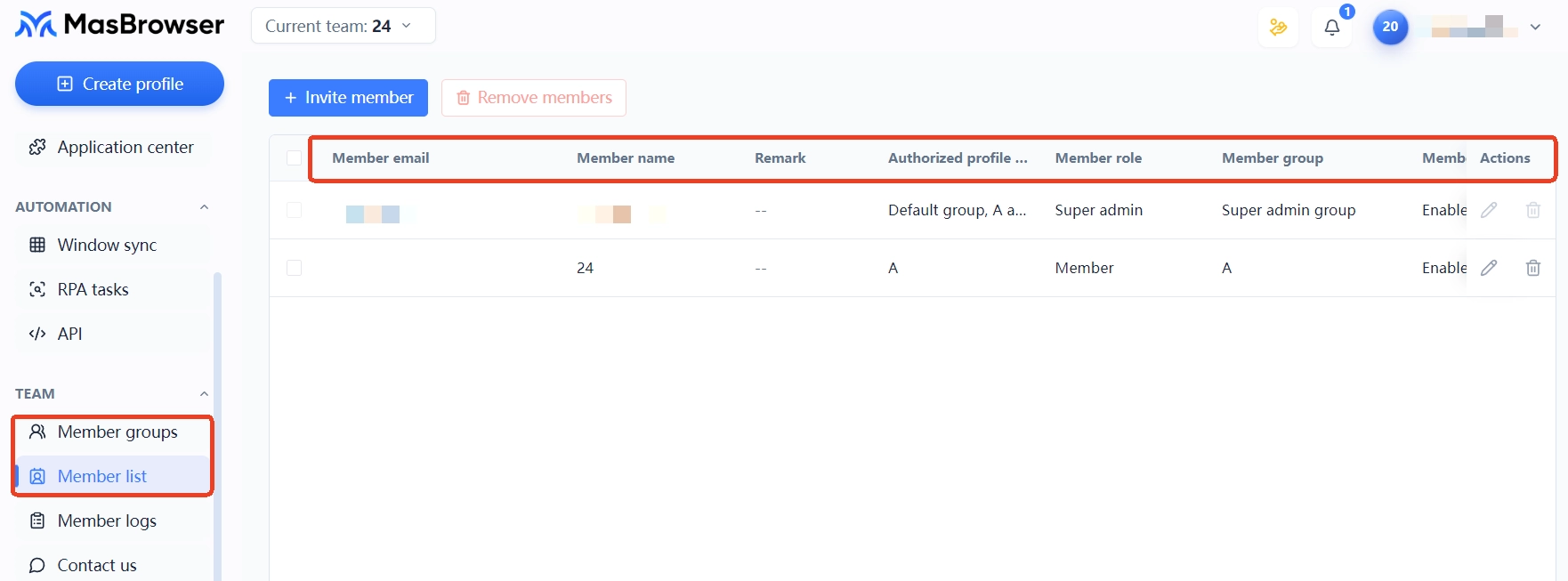 MasBrowser team area interface