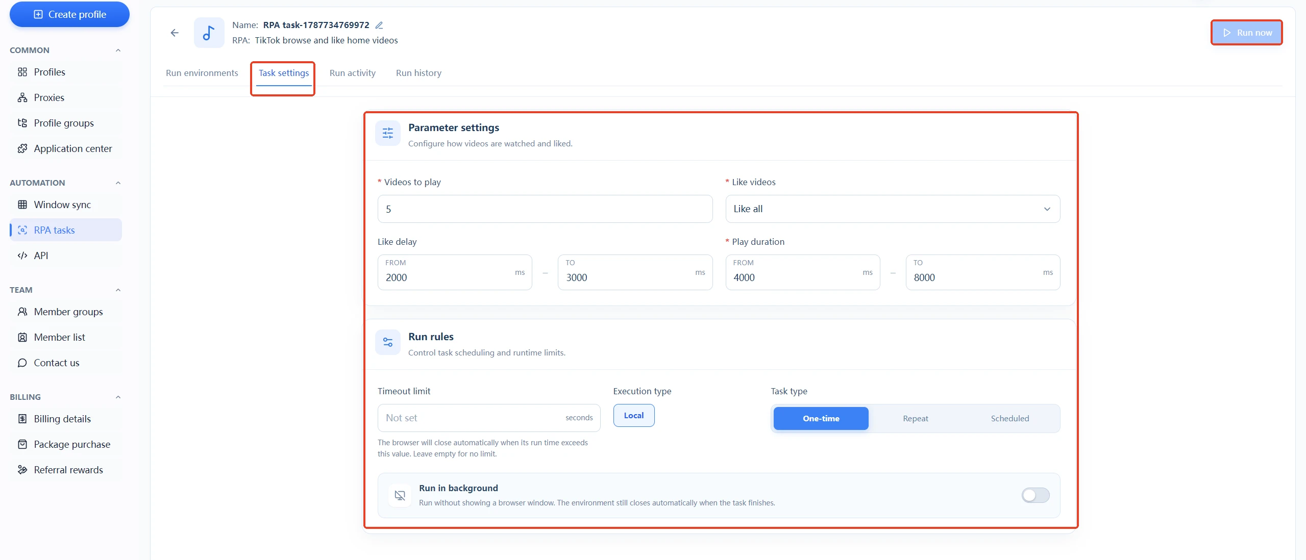 Configurações de tarefa RPA MasBrowser