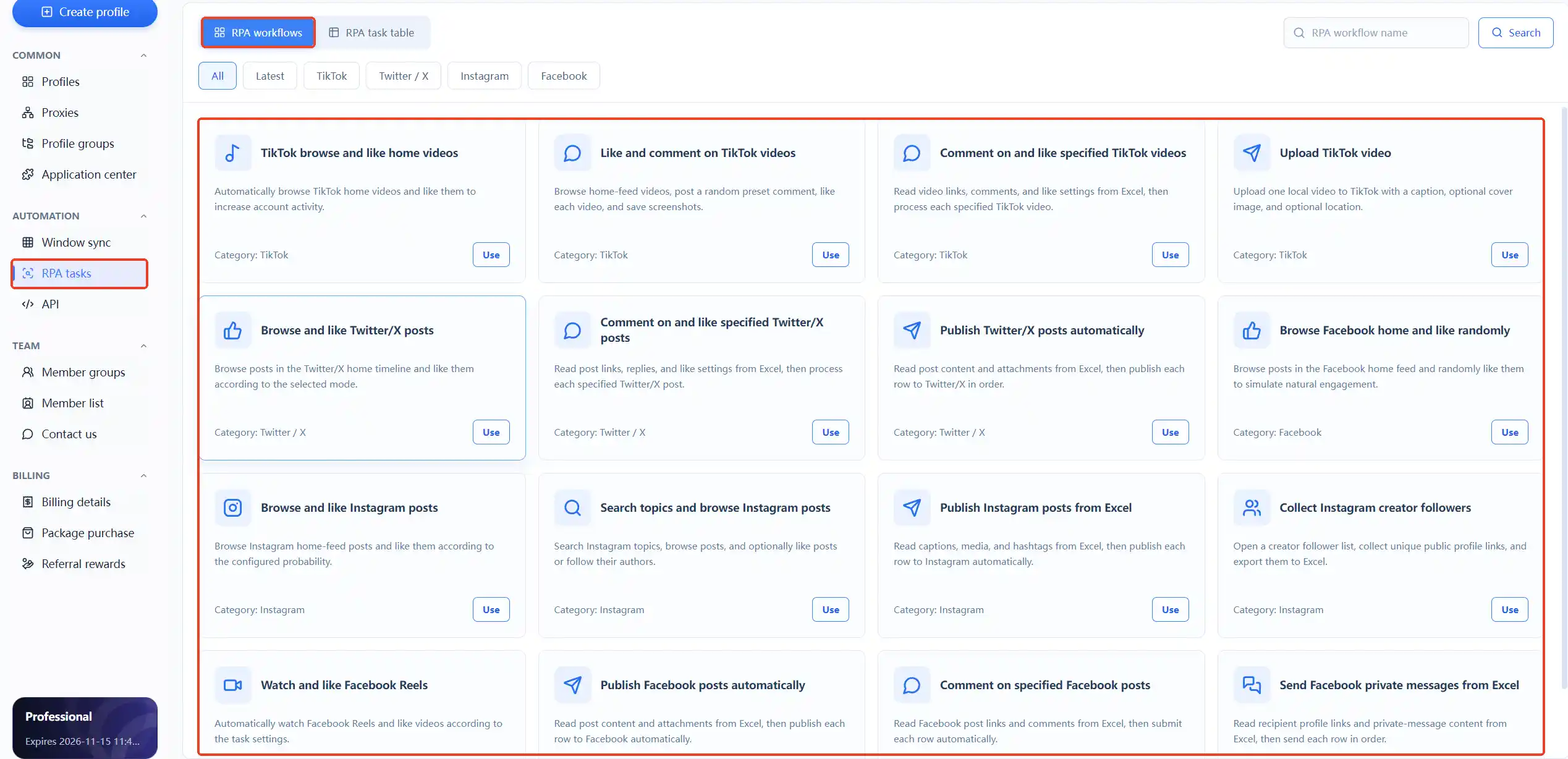 Lista de templates da biblioteca de fluxos RPA MasBrowser