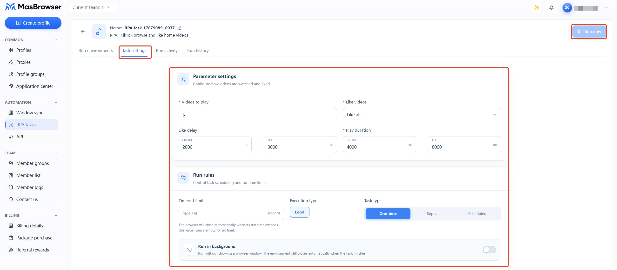 MasBrowser fingerprint browser RPA task settings