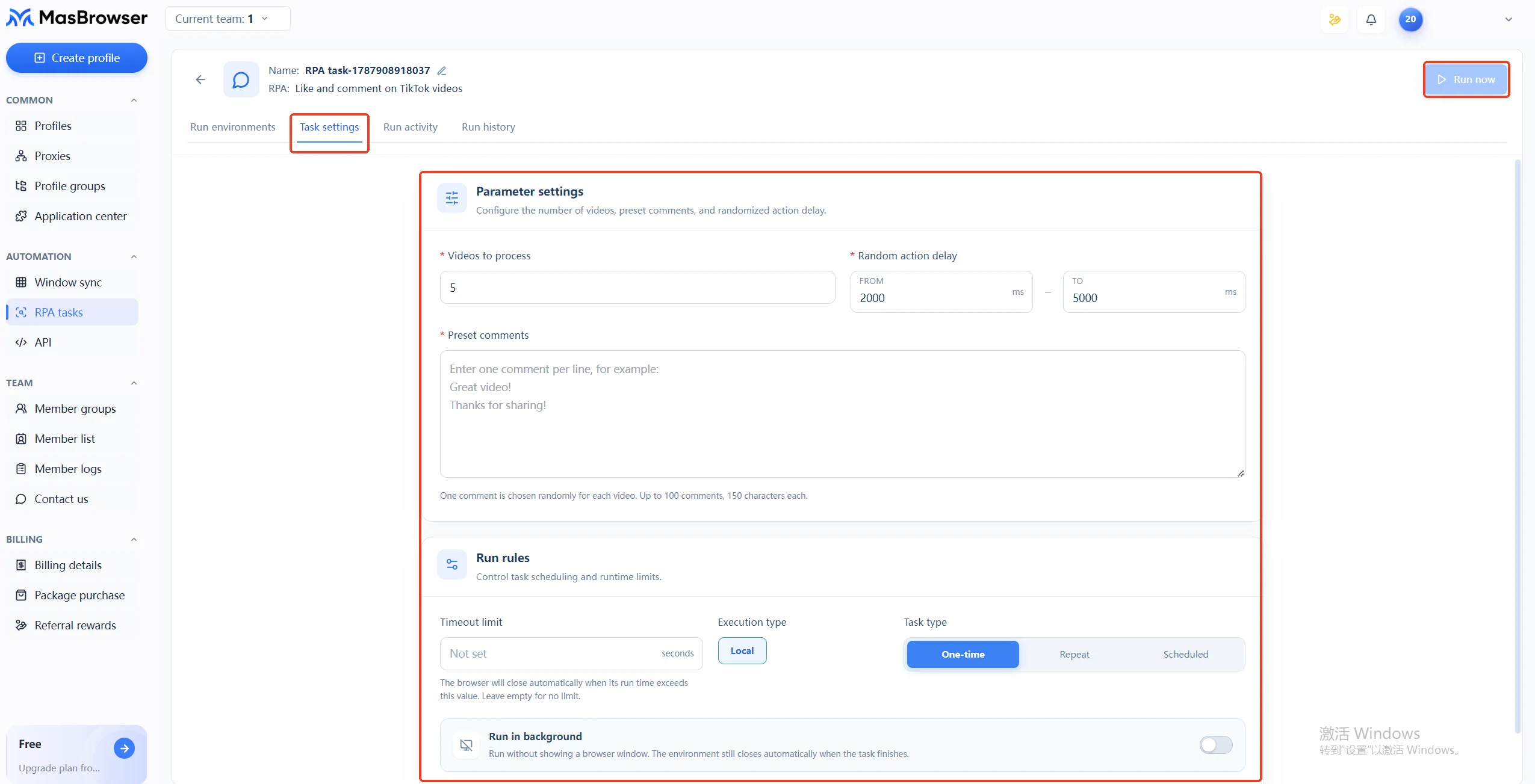 MasBrowser fingerprint browser RPA task settings