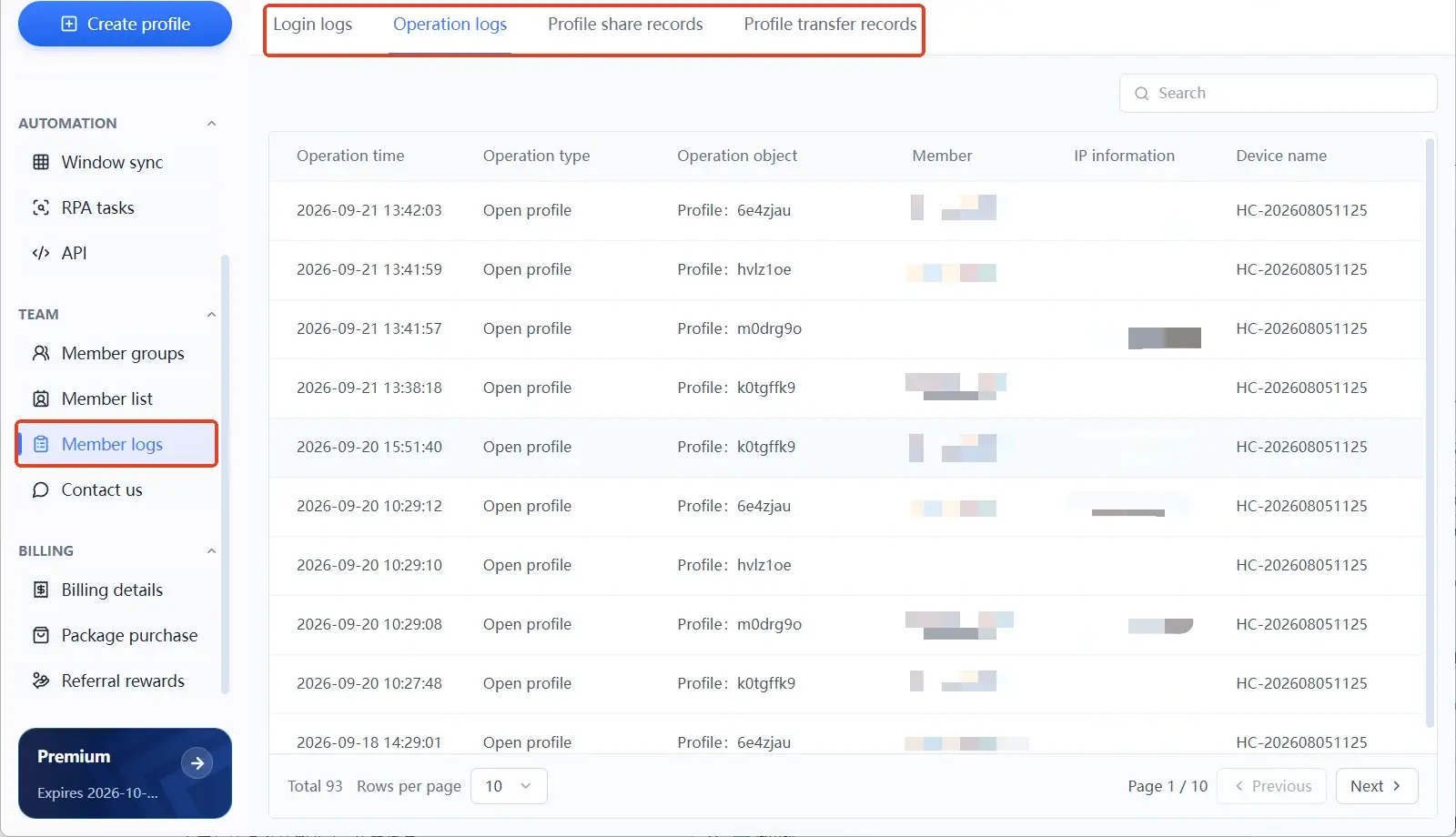 Activiteitenlog van de MostMate fingerprintbrowser